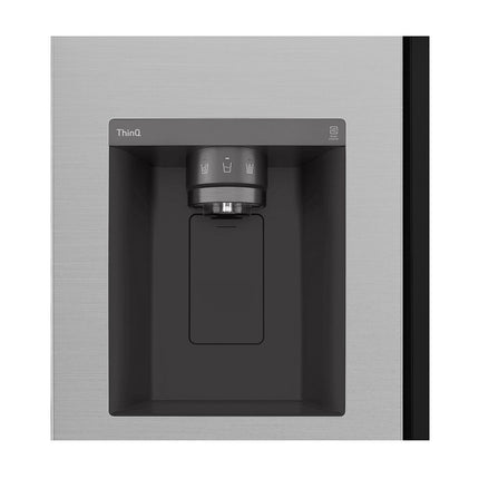 LG GSGV81PYLL divdurvju side-by-side ledusskapis, no priekšas tuvplānā ūdens un ledus dozators