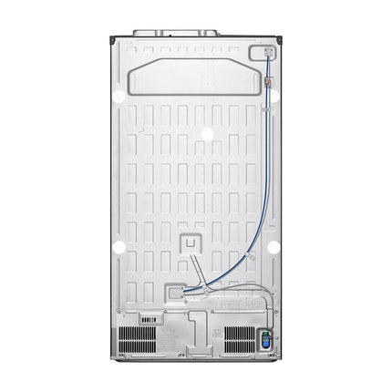LG GSGV81PYLL divdurvju side-by-side ledusskapis, skats no aizmugures ar ūdens šļūteni un ventilācijas režģiem
