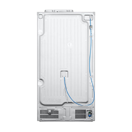 LG GSLC40SWPE двухдверный холодильник side-by-side, вид сзади с синей трубкой и вентиляционными решетками