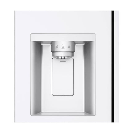 LG GSLC40SWPE двухдверный холодильник side-by-side, крупный план диспенсера с кнопкой выбора и тремя значками