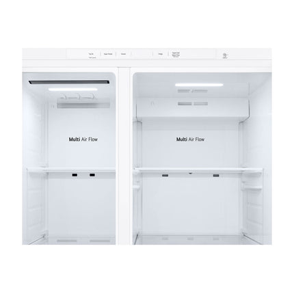 LG GSLC40SWPE двухдверный холодильник side-by-side, открытые двери, дисплей верхней панели управления и два отделения