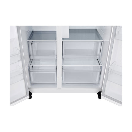 LG GSLC40SWPE двухдверный холодильник side-by-side, открытые двери, нижние полки и прозрачные ящики