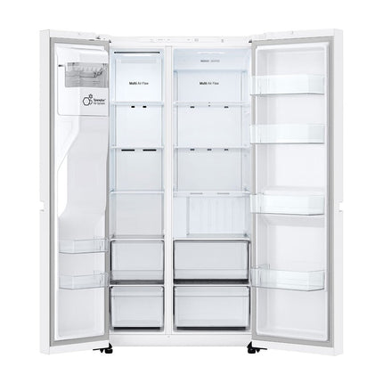 LG GSLC40SWPE двухдверный холодильник side-by-side, вид спереди, обе двери открыты, пустые полки