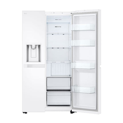 LG GSLC40SWPE двухдверный холодильник side-by-side, открыта правая дверь, пустые полки и ящики