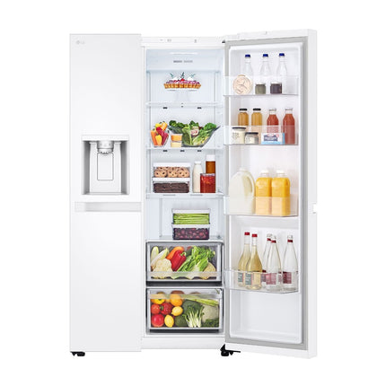 LG GSLC40SWPE двухдверный холодильник side-by-side, открыта правая дверь, продукты на полках и в ящиках