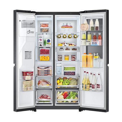 LG GSXV91MCAE divdurvju side-by-side ledusskapis, skats no priekšas, abas durvis atvērtas, nodalījumi pilni ar produktiem