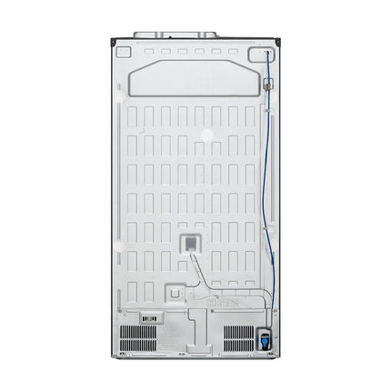 LG GSXV91MCAE divdurvju side-by-side ledusskapis, skats no aizmugures, aizmugurējais panelis ar ventilācijas režģiem un zilu cauruli