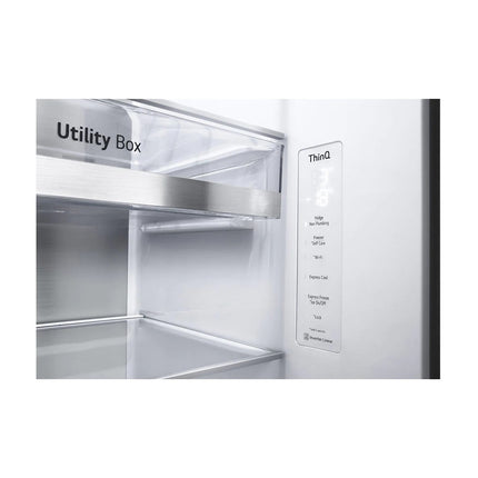 LG GSXV91MCAE divdurvju side-by-side ledusskapis, tuvplānā vadības panelis ar temperatūras displeju un Utility Box atvilktne