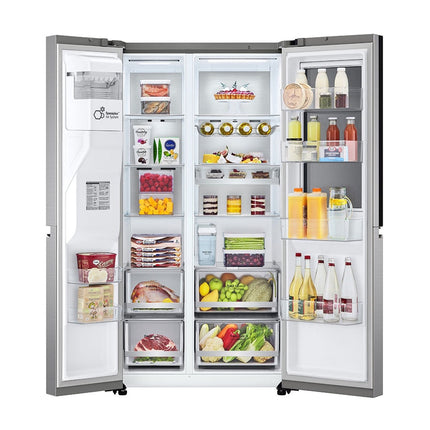 LG GSXV91PZAE divdurvju side-by-side ledusskapis, skats no priekšas, abas durvis atvērtas, nodalījumi pilni ar produktiem