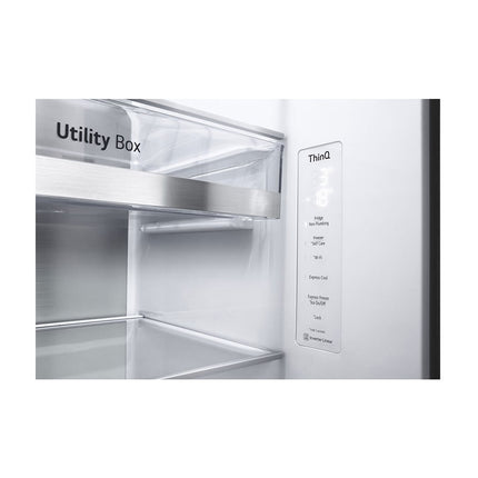 LG GSXV91PZAE divdurvju side-by-side ledusskapis, tuvplānā iekšējais vadības displejs ar pogām un Utility Box atvilktne