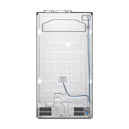 LG GSXV91PZAE divdurvju side-by-side ledusskapis, skats no aizmugures, redzams aizmugurējais panelis, ventilācijas režģi un zilā ūdens caurulīte