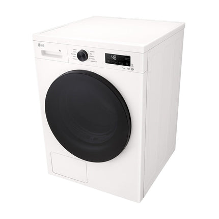 LG RHX1009NWB clothes dryer, angled view from above and right side, control panel with display