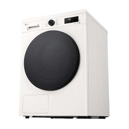 LG RHX1009NWB clothes dryer, angled view from below and right side, closed door and display