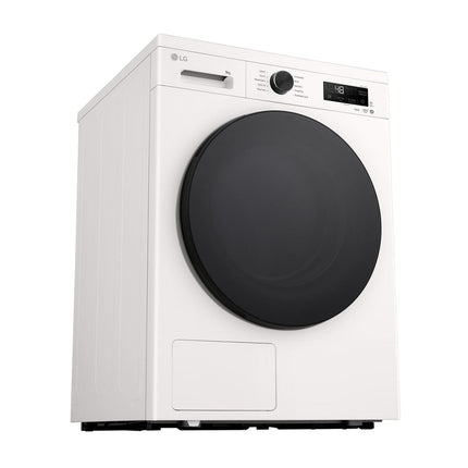 LG RHX1009NWB clothes dryer, angled view from below and left side, closed door and display