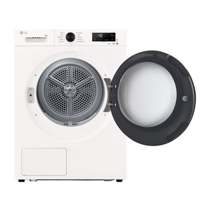 LG RHX1009NWB clothes dryer, front view with open door and drum