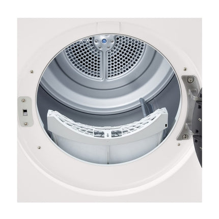 LG RHX1009NWB clothes dryer, close-up of open door compartment with lint filter