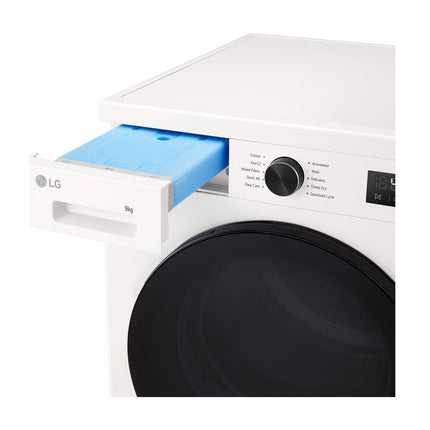 LG RHX1009NWB clothes dryer, angled, pulled out water tank compartment at the top