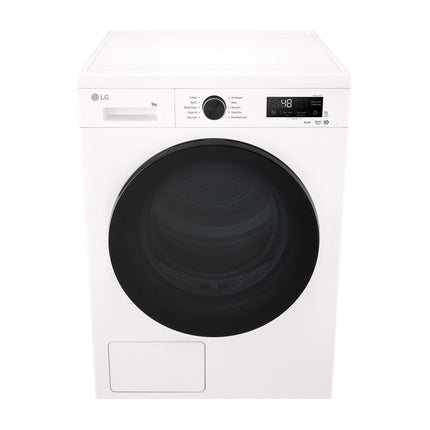 LG RHX1009NWB clothes dryer, angled view from the front with closed door