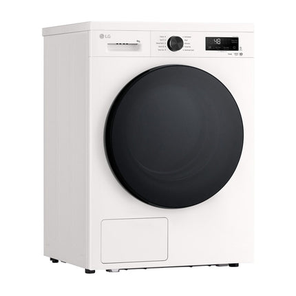 LG RHX1009NWB clothes dryer, angled from the left side, closed door, display and control panel