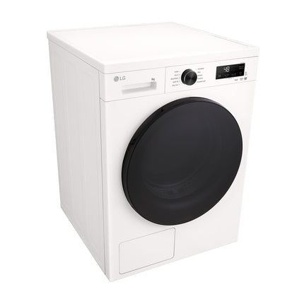 LG RHX1009NWB clothes dryer, angled view from above and left side, control panel with display