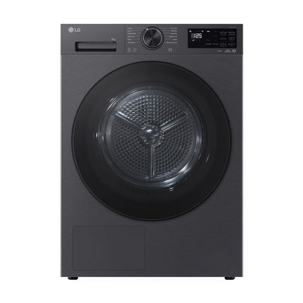 LG RHX5009TBB veļas žāvētājs, skats no priekšas ar apaļām durvīm, vadības paneli un displeju
