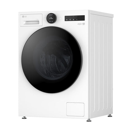 LG W4X7016TWB veļas mašīna ar žāvētāju, skats slīpi no sāniem ar slēgtām durvīm