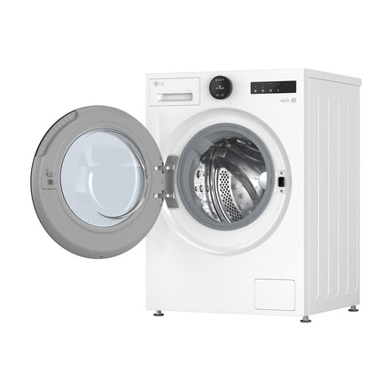 LG W4X7016TWB veļas mašīna ar žāvētāju, skats slīpi no sāniem ar atvērtām durvīm un trumuli