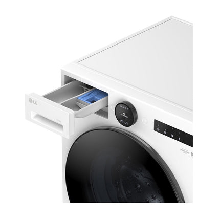 LG W4X7016TWB veļas mašīna ar žāvētāju, atvērts mazgāšanas līdzekļu dozators, skats slīpi no augšas