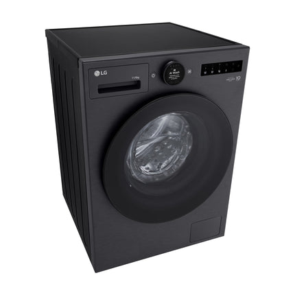 LG W4X7516TBB veļas mašīna ar žāvētāju, slīpi no augšas, redzams augšējais panelis un sānu siena