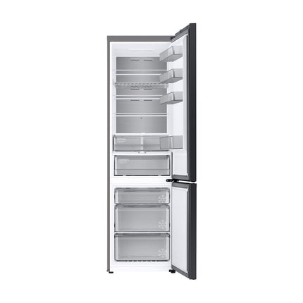 Samsung RB38C7B5D39/EF refrigerator with freezer below, open refrigerator door, empty shelves and drawers