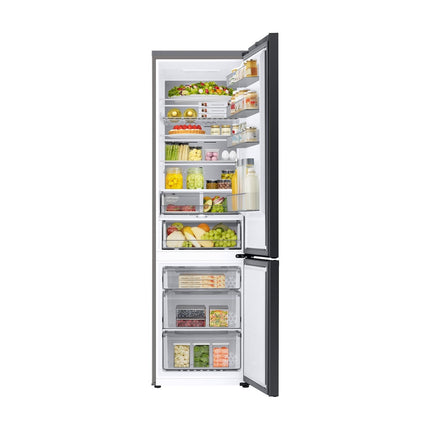 Samsung RB38C7B5D39/EF refrigerator with freezer below, open doors, shelves and drawers full of products