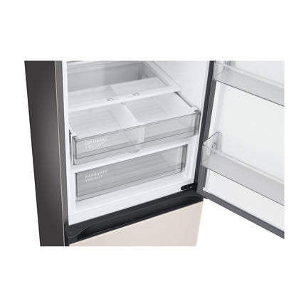 Samsung RB38C7B5D39/EF refrigerator with freezer below, close up of freshness drawer and door shelves