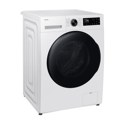 White washer-dryer Samsung WD90HG5U34BELE, angled front view