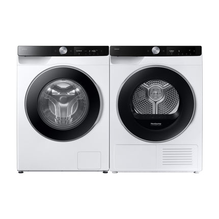Samsung WW11DG6B85LKU4 washing machine, front view next to dryer