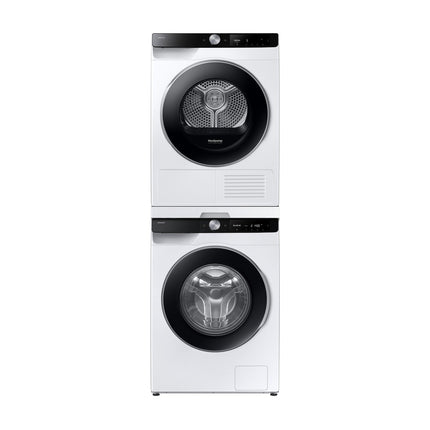 Samsung WW11DG6B85LKU4 washing machine, front view with dryer installed above
