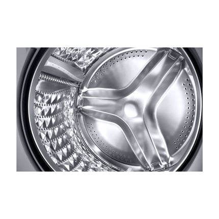 Samsung WW11DG6B85LKU4 washing machine, close-up of perforated metal drum interior